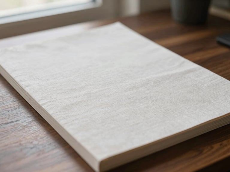 Close-up of fine heavy-weight linen stationery on a dark walnut desk, soft side window lighting, shallow depth of field