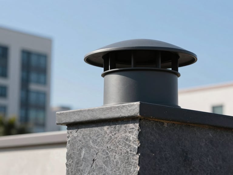 Exterior view of a clean chimney cap against a clear Los Angeles sky, modern architecture in background, sharp focus.
