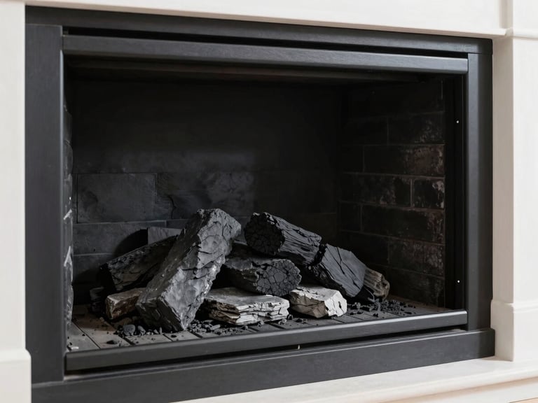 Close-up of a pristine, polished hearth after cleaning, sharp focus, bright interior lighting, crisp charcoal and slate tones.