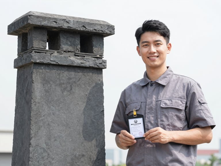Chimney technician in a clean uniform, holding a certification badge, bright natural daylight, sharp focus.