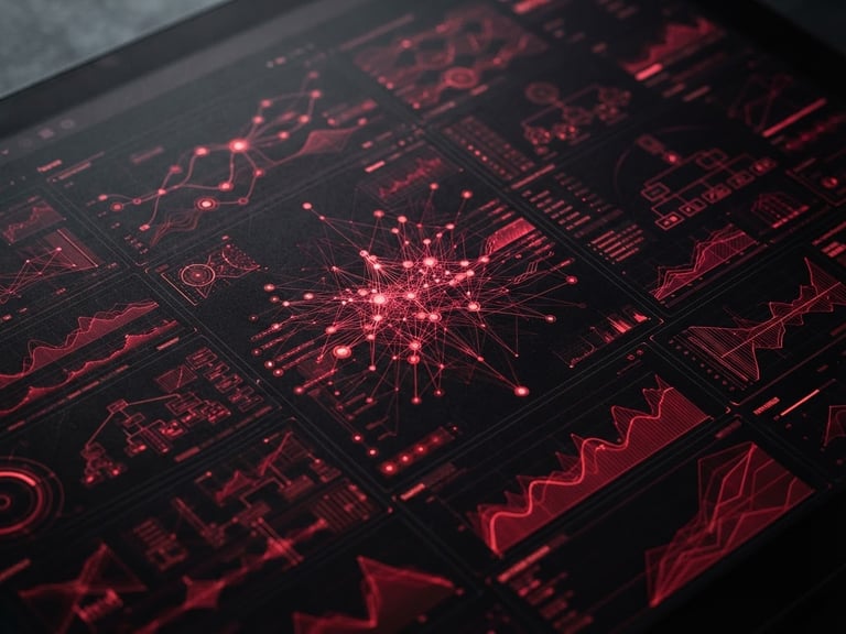Macro shot of a high-end digital interface with sharp crimson data visualizations, dark environment, high contrast studio lighting, 50mm