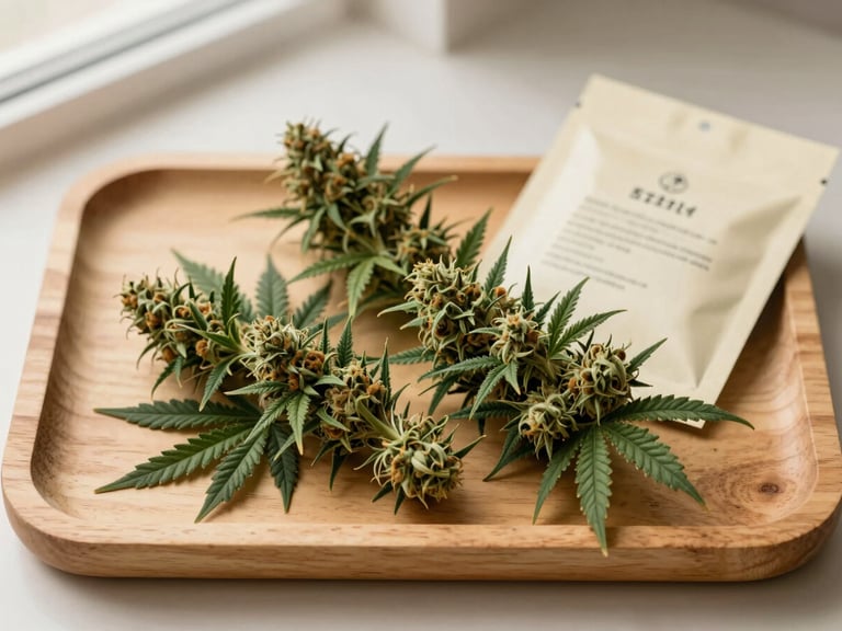 Top-down flat lay of high-quality, dense cannabis flower on a clean wooden tray, beside a discreetly branded package. Warm studio lighting, deep forest green and cream tones, shallow depth of field.