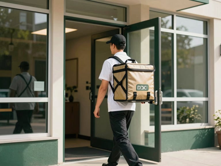 Professional courier in a clean uniform holding a discreet, branded delivery bag, walking away from a modern DC apartment building entrance. Warm natural window light, 35mm.