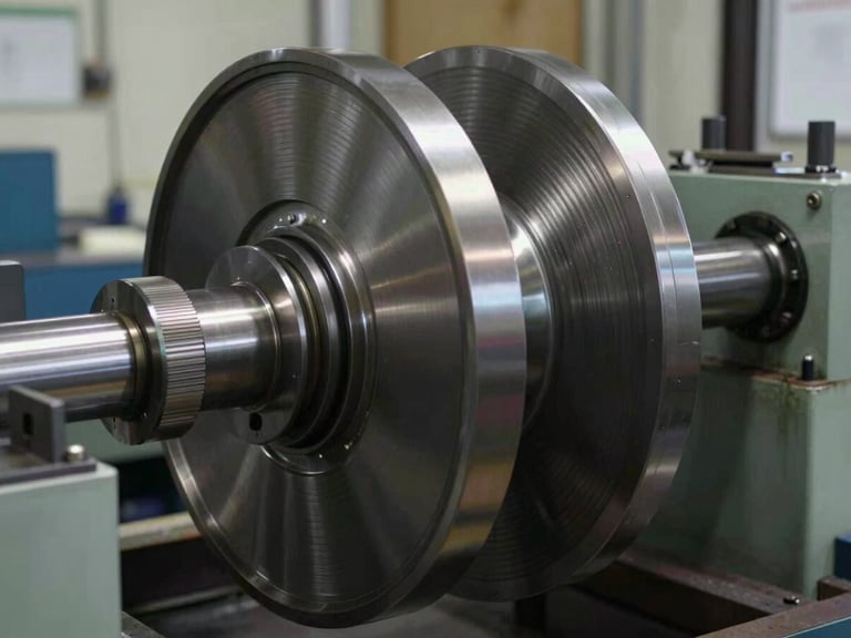 Close-up of a massive steel rotor being balanced on a precision diagnostic machine, industrial workshop setting, high-contrast dynamic lighting, metallic textures