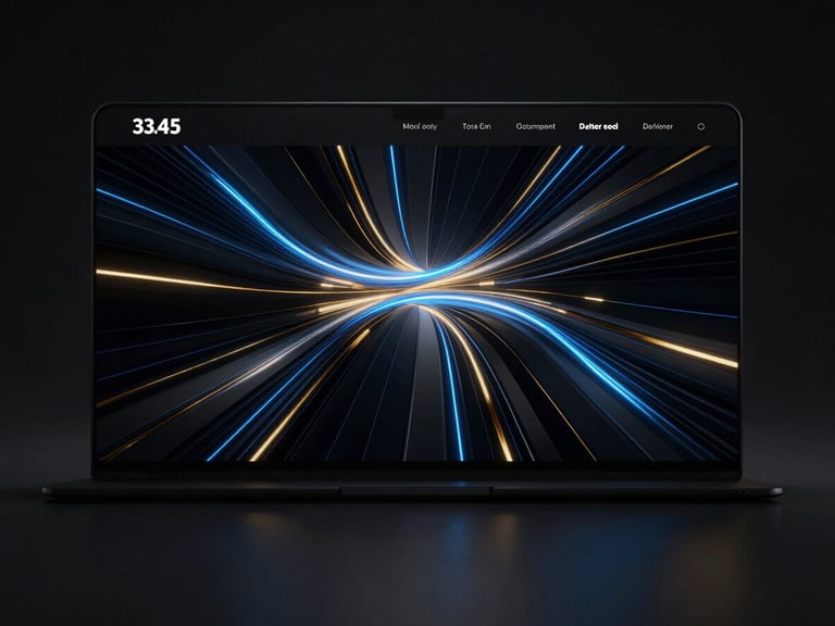Abstract 3D render of a sleek, dark website UI with electric blue glowing lines and gold accents, high contrast, glassmorphism, octane render