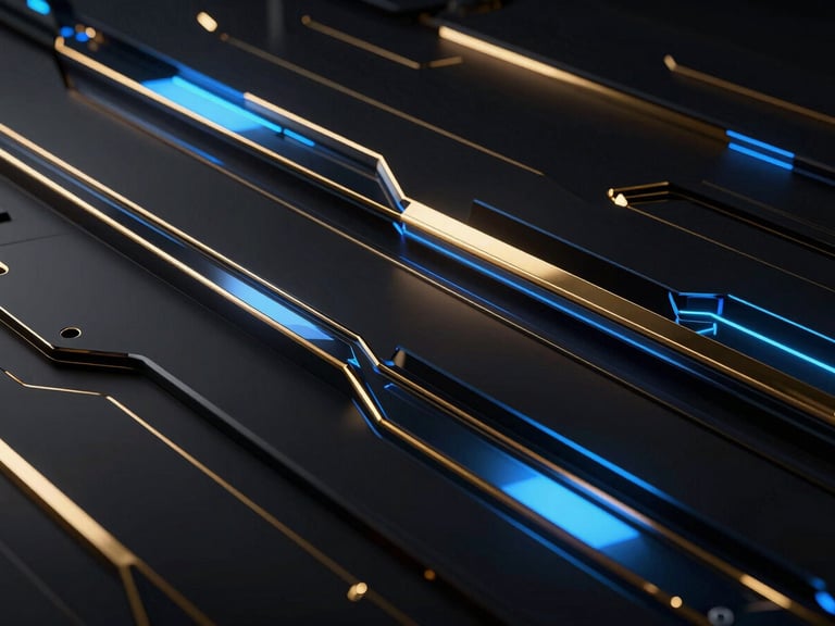 Abstract 3D render of cinematic footage on a sleek dark screen, electric blue light reflections, gold accents, high contrast, glassmorphism, octane render