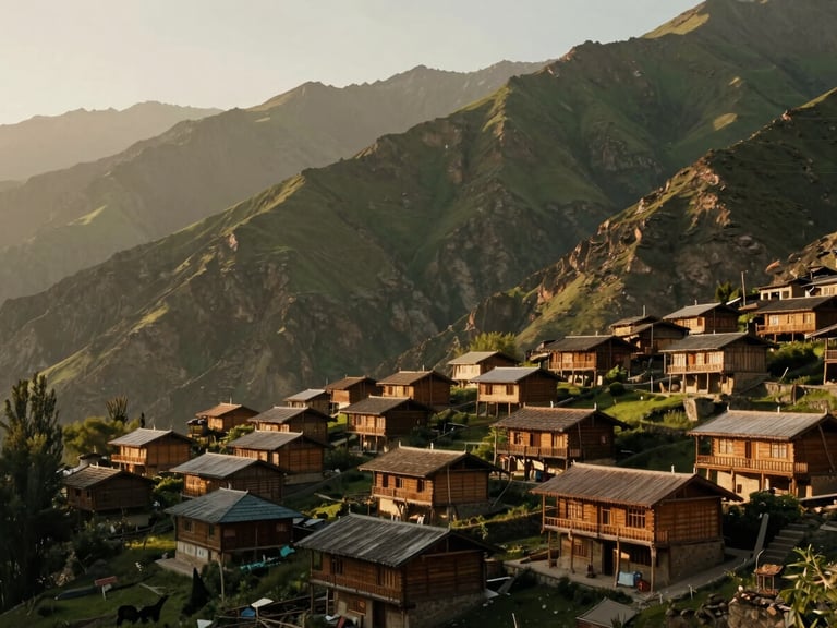 Traditional wooden houses in Dawar village, Gurez Valley, nestled against dramatic green mountains, soft morning light, wide-angle lens, cinematic travel photography