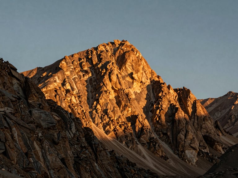 Dramatic view of Habba Khatoon Peak at sunset, Gurez Valley, golden light illuminating the rock face, clear sky, wide-angle lens, cinematic travel photography