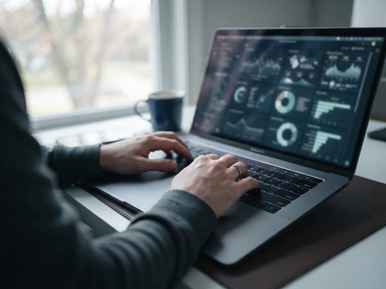 Close-up of hands typing on a laptop keyboard, screen showing clean analytical dashboard, natural window light, subtle screen glow, cool desaturated tones, shallow depth of field, over-the-shoulder view.