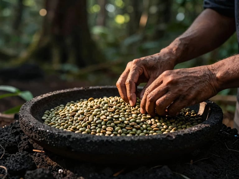 Hands of an Indonesian master roaster gently examining slow-roasted green coffee beans over a dark volcanic stone tray, dramatic chiaroscuro, warm golden hour light