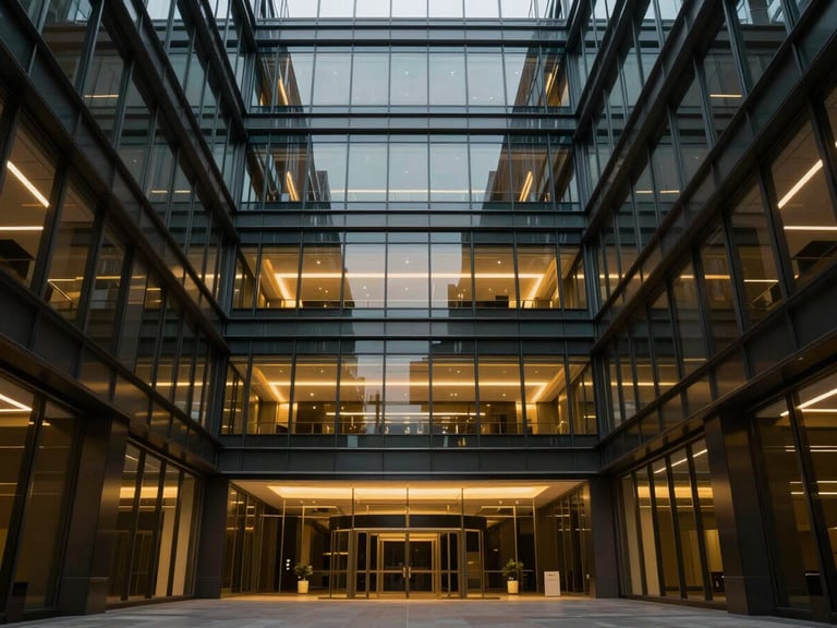 Symmetric architectural interior of a modern glass-and-steel corporate headquarters, low-key dramatic lighting, gold highlights, 35mm