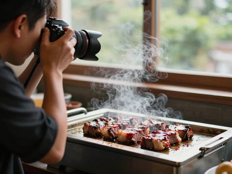 A photographer holding a camera over-the-shoulder of a chef searing meat, steam rising, natural soft lighting, no intrusive flashes, 35mm.