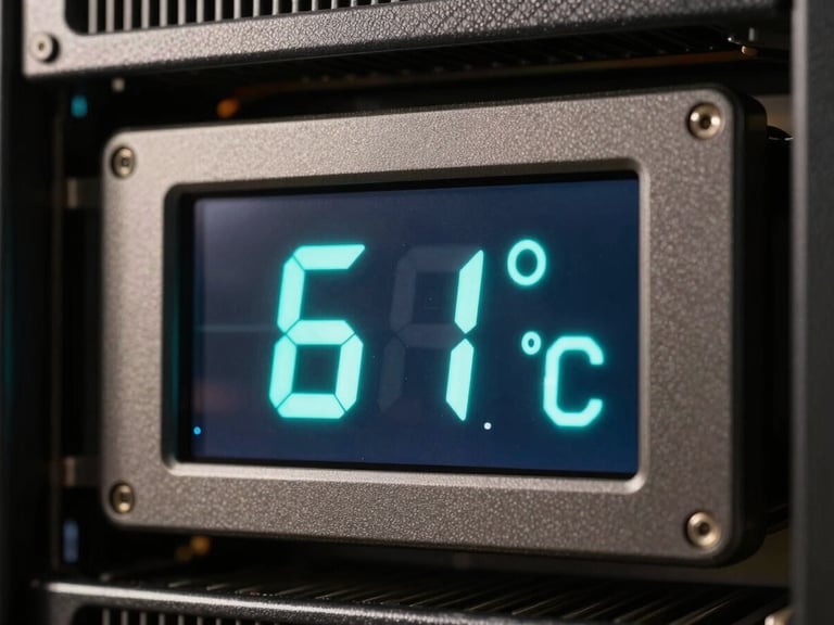 Extreme close-up of a GPU temperature monitoring display panel mounted in a server chassis, digits reading 61°C in bright cyan on a dark LCD, hard directional key-light from above casting sharp shadows on the metal surface, partial view of heatsink fins in the background, photographic detail shot