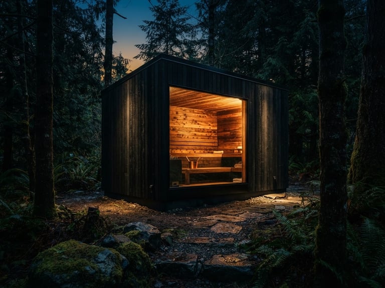 Low-key dramatic architectural shot of a modern black-clad outdoor sauna nestled in a Pacific Northwest forest at twilight, warm golden light glowing from the window, 35mm lens.