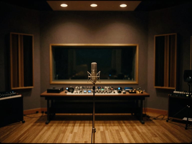 Wide atmospheric shot of a luxury recording studio live room, low-key gold accent lighting, deep matte black shadows, warm amber glow, shallow depth of field, 35mm film grain, empty with a single vintage microphone.