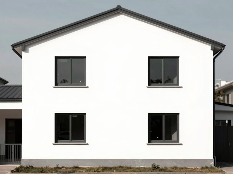 Side elevation architectural line drawing of a 2-story duplex building showing wall height, window positions, and roofline, black lines on white, precise orthographic view, no people