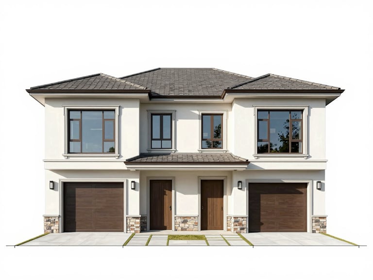 Straight-on front elevation drawing of a 2-story residential duplex building, architectural line drawing, white background, symmetrical facade showing windows, entry doors, garage openings, and roof line, no people, daylight-balanced neutral rendering