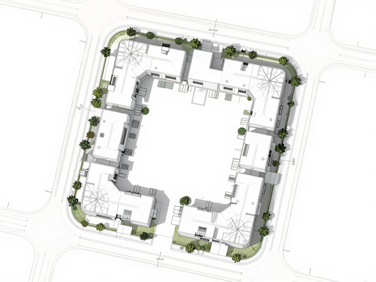 Overhead orthographic site plan drawing of a residential lot showing building footprint, driveway, property lines, and adjacent street, neutral white background, precise linework, no people