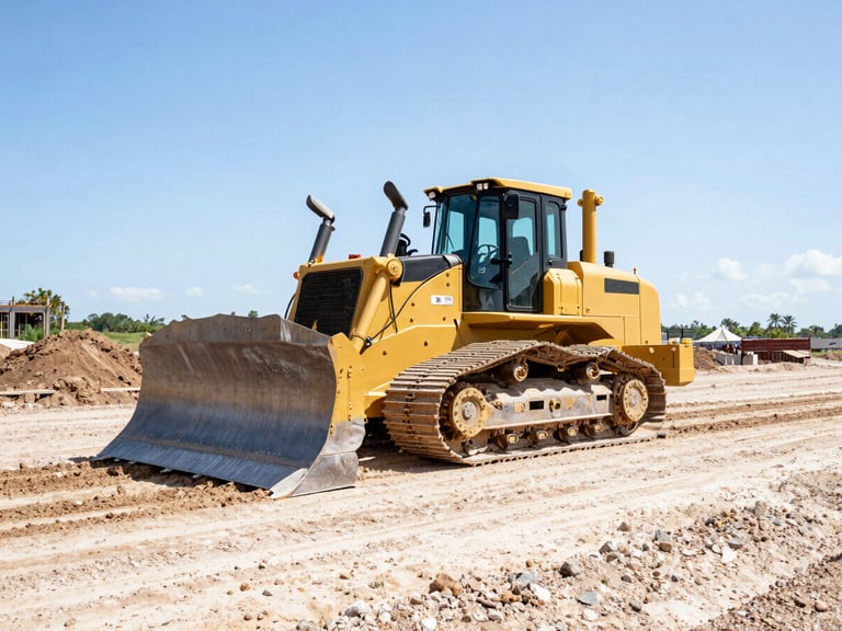 Wide shot of a yellow bulldozer pushing dirt on a bright Florida construction site, high contrast, harsh daylight, vibrant earth tones.