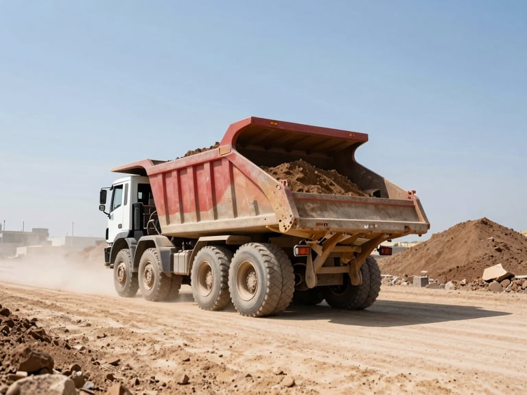 A heavy dump truck hauling fill dirt on a wide dusty road, low angle emphasizing power, bright harsh daylight, crisp industrial photography.