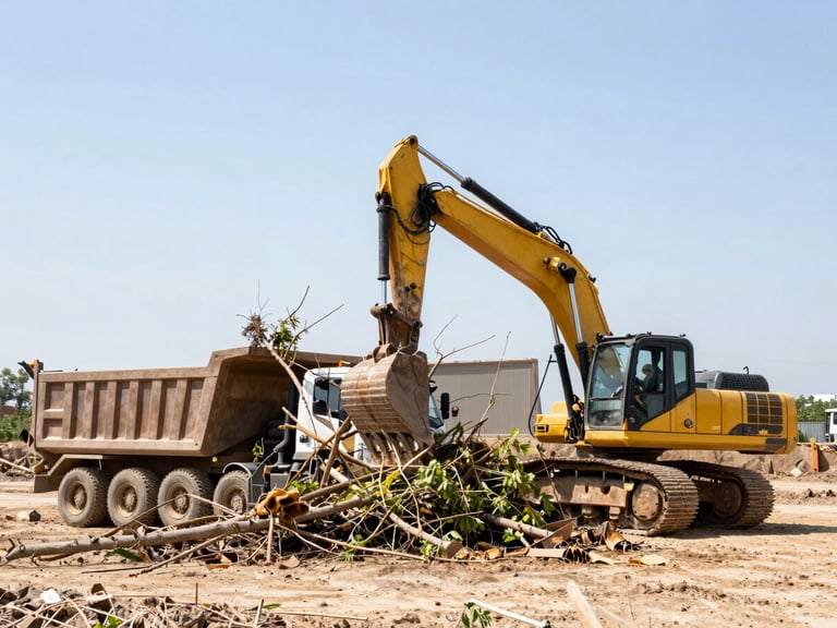 An excavator loading downed trees and brush into a heavy dump truck, rugged industrial site, bright harsh daylight, wide angle lens.