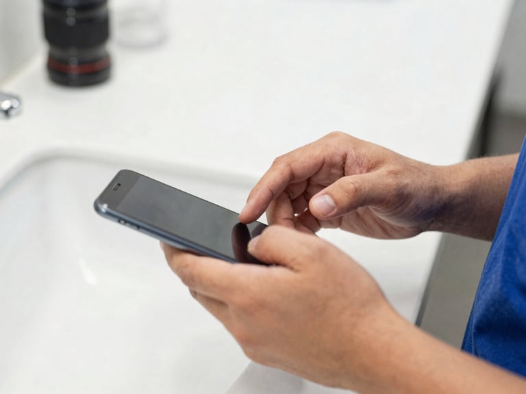 Close-up of hands typing on a smartphone, bright daylight, clean utility setting, sharp focus