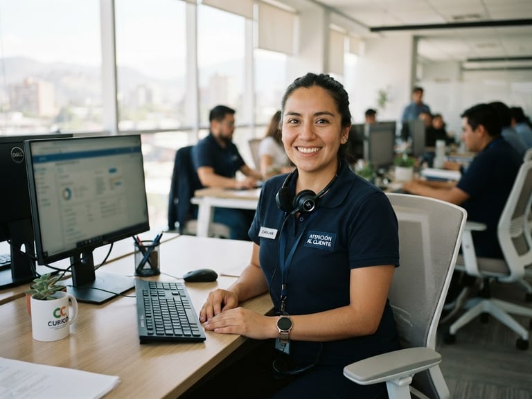 Medium shot of a friendly Chilean customer support representative in a bright office in Curicó, natural daylight, looking confident and approachable, 35mm lens
