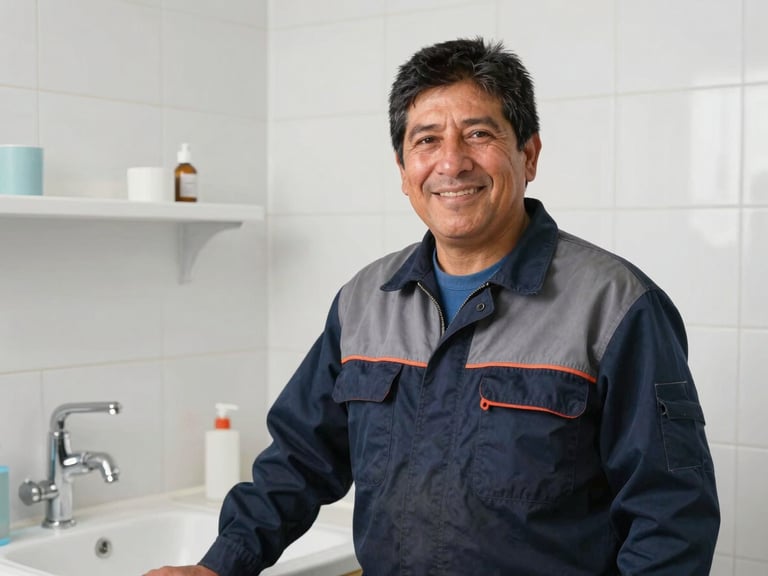 Gasfíter chileno con uniforme limpio y herramientas, sonriendo, luz natural, fondo de baño moderno.