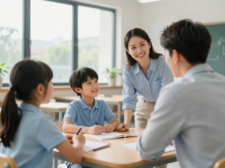 Bright documentary photography of a parent and child speaking with a smiling teacher inside a modern school office, natural daylight streaming through a large window, warm and welcoming atmosphere, 35mm lens.