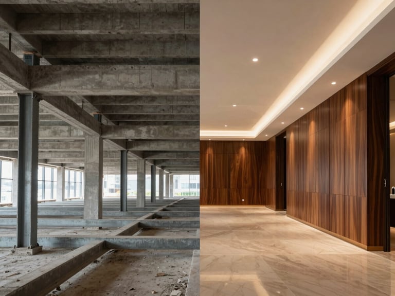 Straight-on architectural split-screen view: the left side shows the raw structural steel and concrete beams of a renovation in progress, the right side shows the completed luxury space with warm recessed lighting and custom walnut wood paneling.