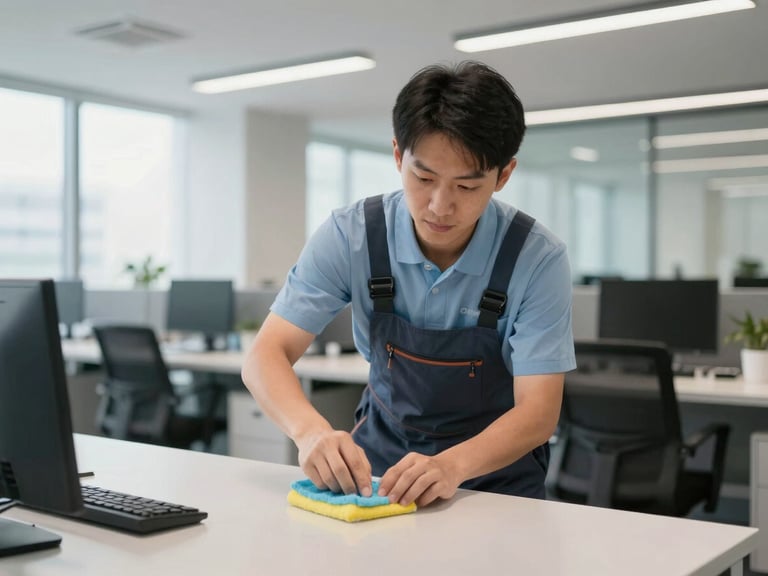 Cleaning professional in a modern office building, sanitizing a surface, bright corporate lighting, medium shot.
