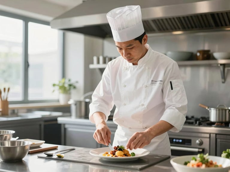 Professional chef in a modern, clean kitchen, focused on preparing a dish, bright natural daylight, medium shot.