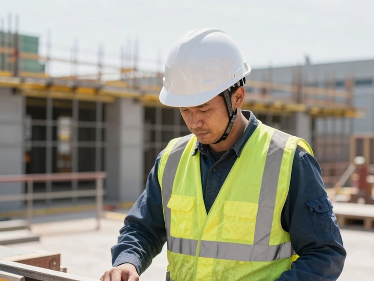 Construction worker on a site, wearing a hard hat and safety vest, focused on task, bright daylight, medium shot.