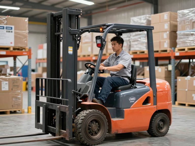 Worker safely operating a forklift in a well-lit, organized warehouse, wearing a clean uniform, medium shot.