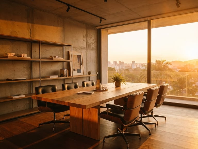 Saturated warm golden-hour sunlight spilling over a minimalist architectural meeting room, raw concrete walls, a large oak table, clean lines, high-end real estate office in Brazil, 35mm photography
