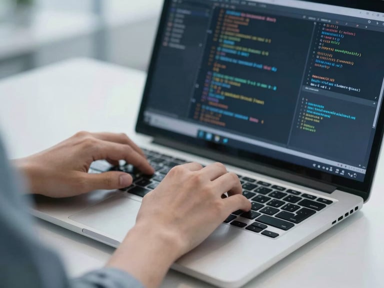A close-up of an engineer's hands typing on a laptop keyboard, with lines of code or network diagrams visible on the screen, in a clean, cool-toned office environment.