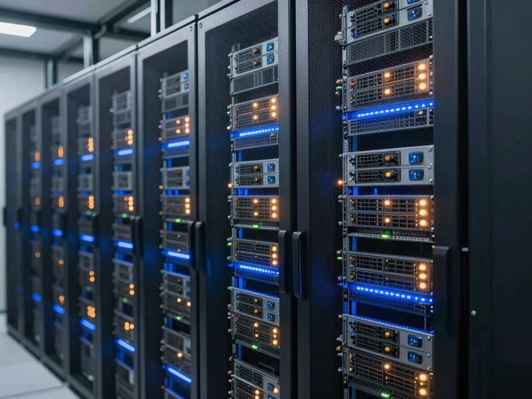 Inside a clean, modern enterprise data center, rows of servers with glowing indicator lights, cool blue industrial lighting, sharp focus, technical detail