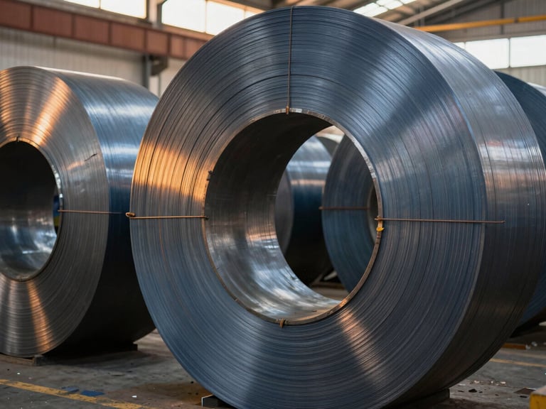 Close-up of industrial steel coils in a bright Delhi NCR manufacturing facility, warm ambient lighting, sharp focus, 35mm lens