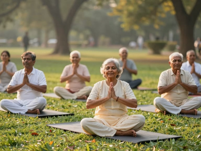 Group of active Indian seniors (60s-70s) enjoying a yoga session in a park, golden hour light, serene and joyful expressions.