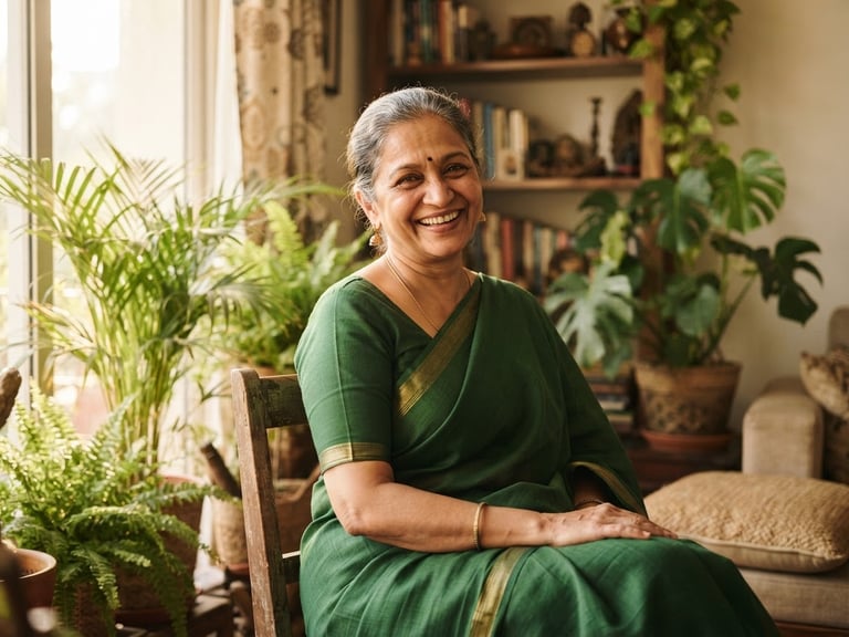 Warm editorial portrait of a cheerful Indian woman in her early 60s, wearing a simple elegant green saree, sitting in a sunlit living room with plants, smiling warmly at the camera, shallow depth of field.