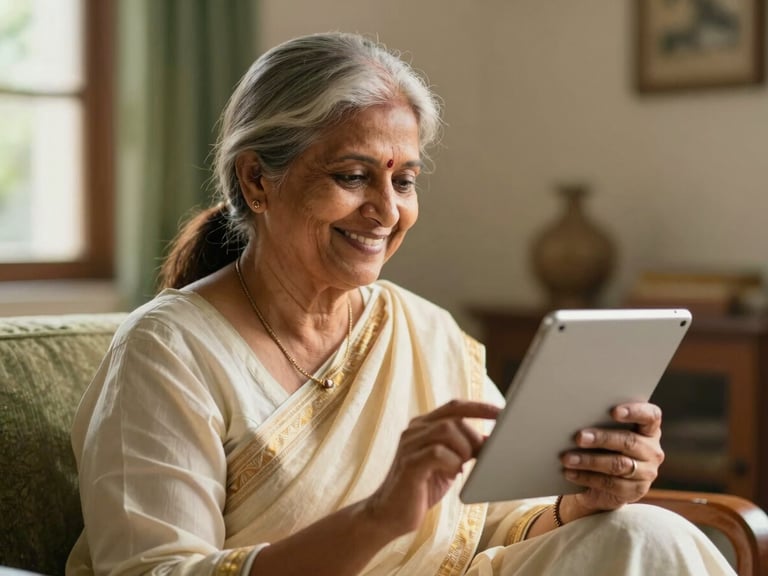 Authentic Indian senior woman (60s) smiling while reading content on a tablet, natural indoor light, warm tones, comfortable home setting.
