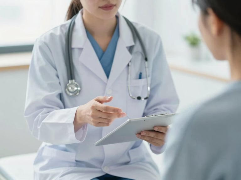 Close-up of a doctor gently explaining results to a patient in a modern, bright consultation room, soft natural light, blue and white tones, shallow depth of field.