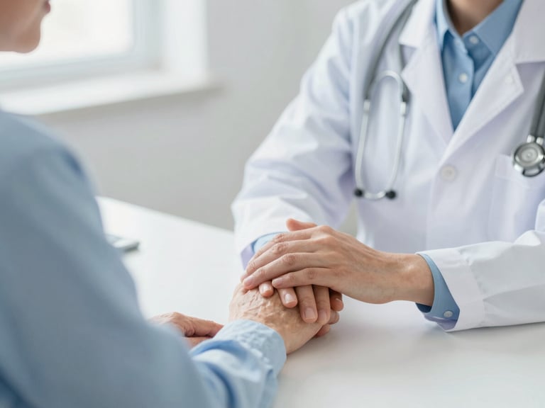 A doctor offering a comforting hand to an elderly patient during a consultation, gentle interaction, warm clinical light, shallow depth of field, blue and white tones.