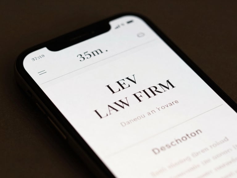 Sleek smartphone displaying a premium law firm website, macro focus on clean typography, dark charcoal tones, 35mm