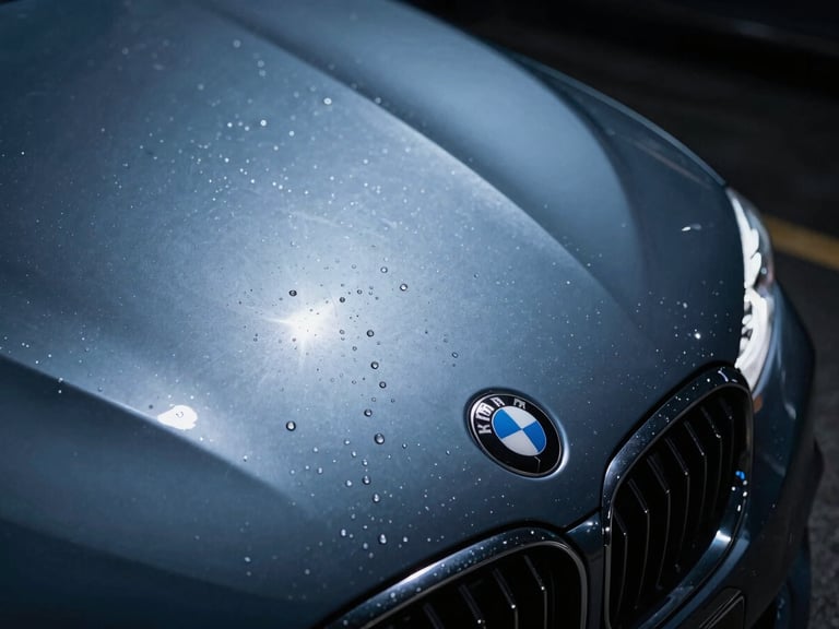 Macro shot of sharp light reflection on a freshly polished metallic dark blue BMW hood, water droplets, sleek automotive photography