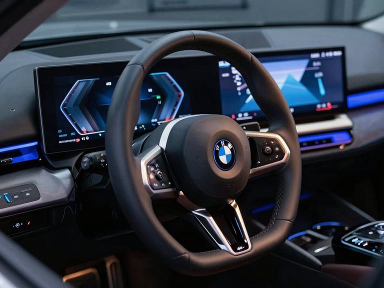 BMW steering wheel and modern digital dashboard display showing custom software settings, cool blue interior lighting, sharp focus