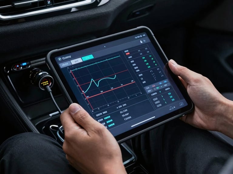 Hands holding a professional diagnostic tablet connected to a BMW OBD port, screen displaying technical diagnostic graphs, low-key lighting