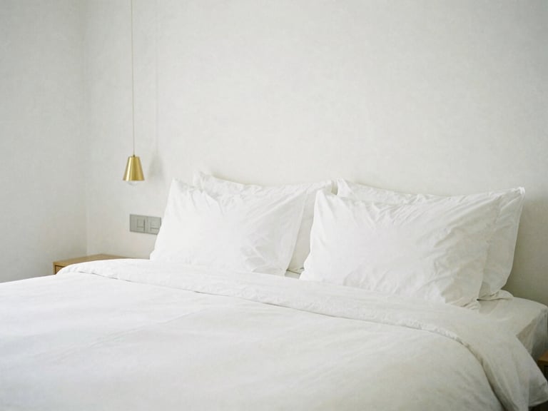 Minimalist modern hotel bedroom with white sheets, bright clean atmosphere, soft shadows, editorial photography, 35mm