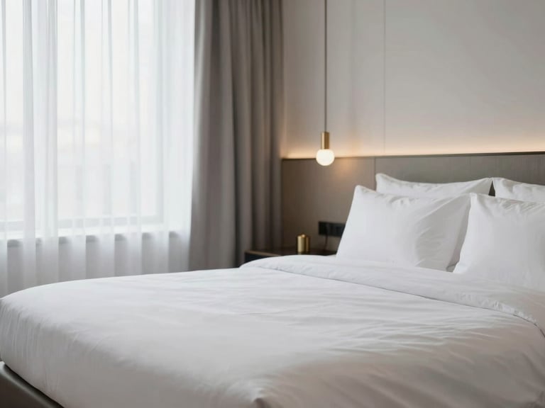 Minimalist luxury hotel suite bed with crisp white linens, soft natural window light, elegant modern bedroom interior, 35mm