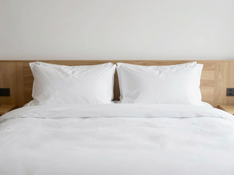 Minimalist hotel room bedding, clean white sheets, natural wood accents, bright diffused light